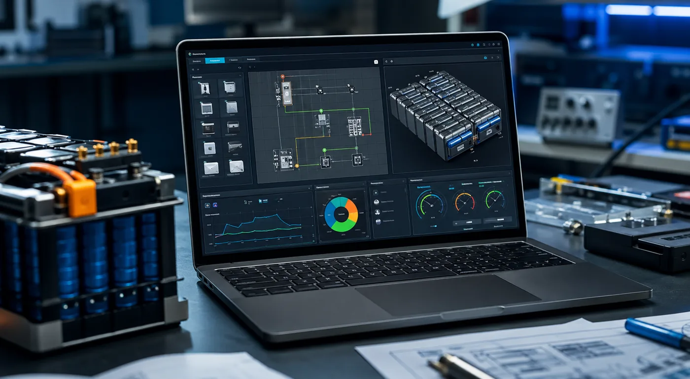 Battery design software dashboard on an engineering workstation